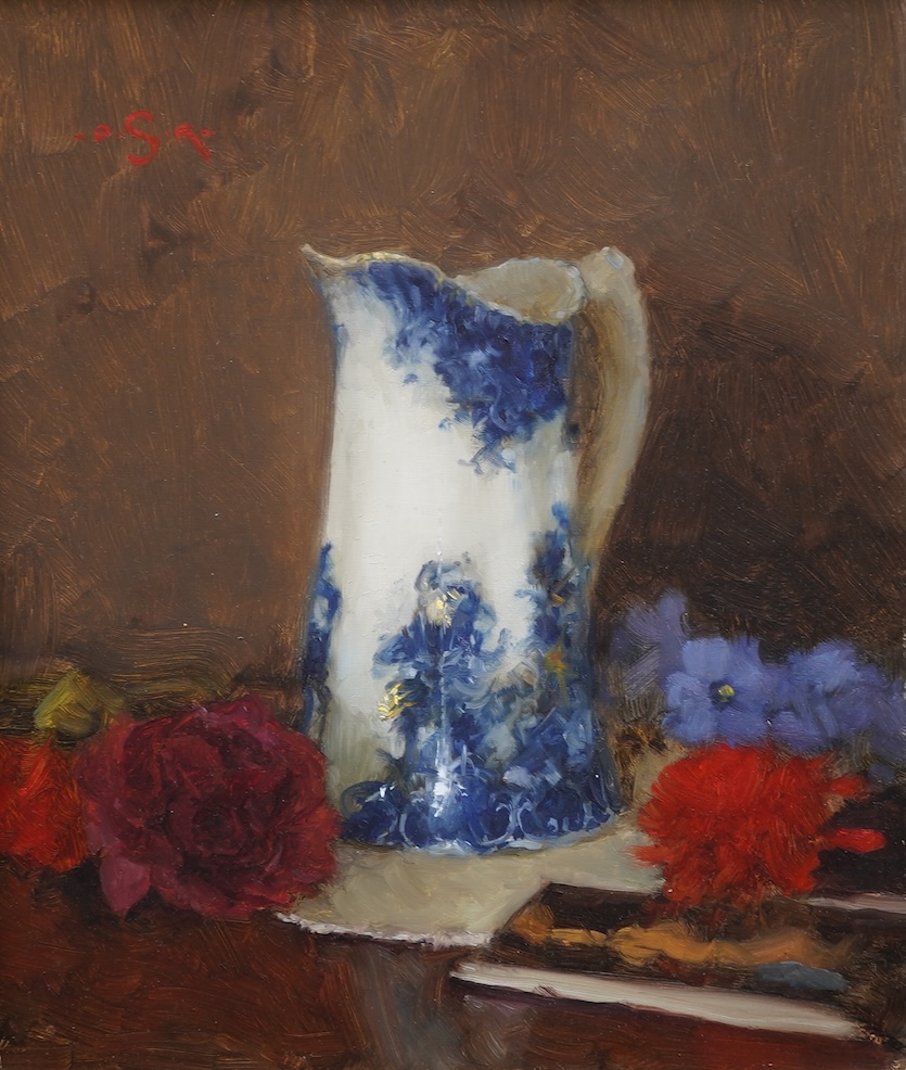 Paul Raymond Seaton, (b. 1953), Blue and white jug and flowers on a table top
